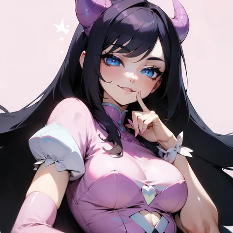 seductive lady wearing pastel clothing, devil horns, pastel color scheme, long black hair, blue eyes, smirk