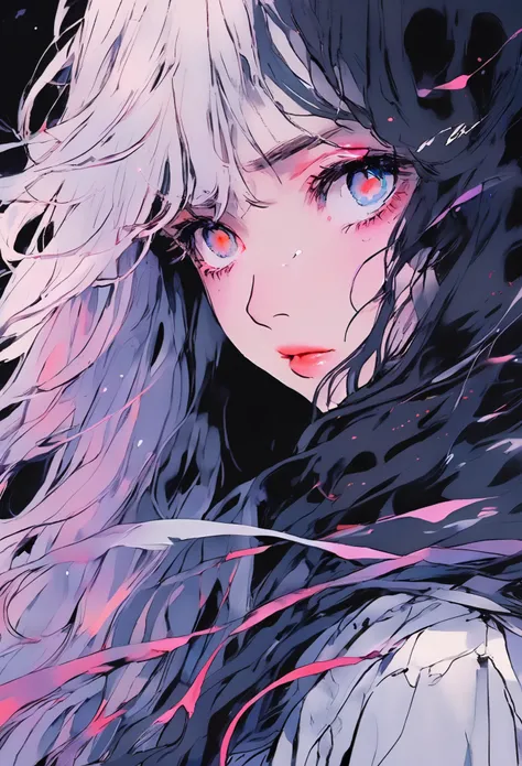 (best quality, sketch:1.2), epic realistic,(ultra details ayes),illustrator,anime,1 girl, detailed lips,custom, gradient background,neon hair,textured cropping, masterpiece, anime, a woman standing looking at a black hole, fantasy world, trending on art st...