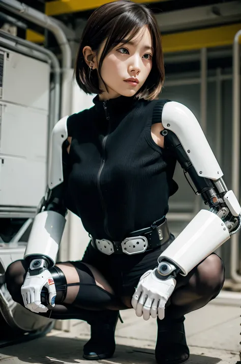 masterpiece, Best Quality, Extremely detailed, 8K Portrait,Japanese android girl,Plump ,control panels,android,Droid,Mechanical Hand, ,perfect robot woman,Robot arms and legs, Black hair,Mechanical body,white robot body,Blunt bangs,Charging spot,She is cha...