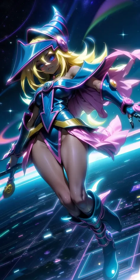 Mujer preciosa dark magician girl ( neon cyberpunk ), The neon sings, neon lighting, RTX chica maga oscura iluminando volando en el aire. Encima de la ciudad a media noches. Luna llena. Cielos de estrellas. Mago oscuro volando