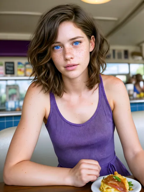 photo of a 25 year old girl, beautiful face looking at the camera, full face, ultra textured skin, (blue eyes), (wavy shaggy chin length haircut), very brown hair, freckles, toned physique, (purple sundress) main character, plump look. in a diner, bright l...