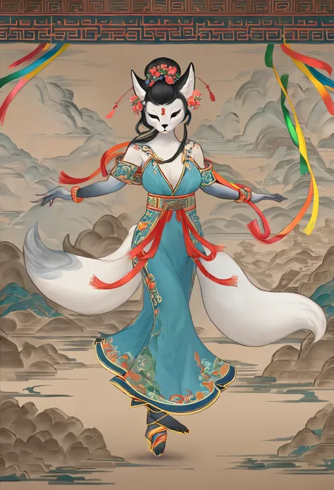 top quality, ancient Chinese beauty, absurdres, perfect anatomy, beast woman, solo focus, furry anthro, Furry body, fox facial features, fox body features, very detailed body fur, full body, dancing pose, gorgeous dress embroidered with intricate embroider...