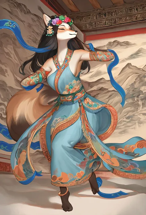 top quality, ancient Chinese beauty, absurdres, perfect anatomy, beast woman, solo focus, furry anthro, Furry body, fox facial features, fox body features, very detailed body fur, full body, dancing pose, gorgeous dress embroidered with intricate embroider...