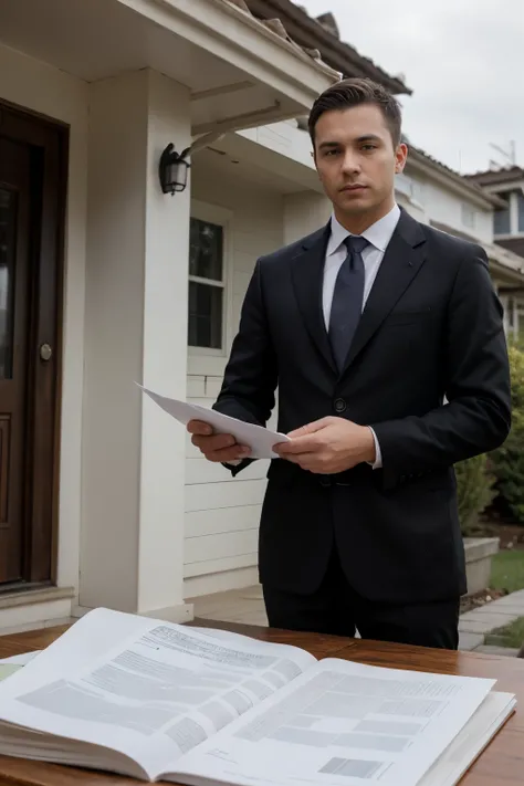 public adjuster is standing in front of the beautiful and rich
 house with documents in his hands, he is man and wearing business black 
 suit
