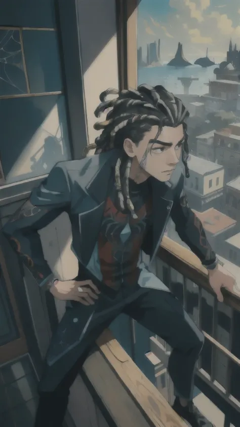 (masterpiece, best quality), intricate details, 8k, artstation, wallpaper, official art, splash art, sharp focus, high angle shot, shut from above
1boy, blue black two-tone colored dreadlocks hairstyle, Caribbean-descendant, hanging onto window ledge
Techw...