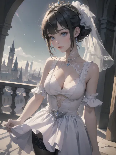  bride: wedding ring shining on ring finger Fusion of medieval European fashion Emphasis on elements of cuteness and adoration Posed illustration of the overwhelming cuteness of the character in the foreground Overwhelming architectural and cityscape backg...