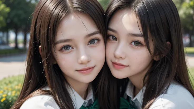 (2girls), (16yo), (young face:1.2), shy smile, (Best Quality:1.4), (Ultra-detailed), (extremely detailed beautiful face), Amazing face and eyes, brown eyes, (highly detailed Beautiful face), (high school uniform:1.2), (extremely detailed CG unified 8k wall...