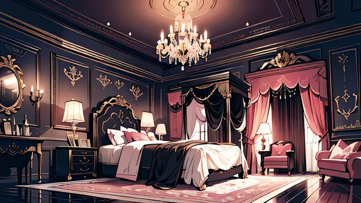 ((highest quality)), ((masterpiece)), (be familiar with), pink and black、In the room、There are no people。Indoor landscape painting、There is a room with a sofa, Chair, table, chandelier, unreal engine ; romantic theme, elegant render, neo classic style, lux...