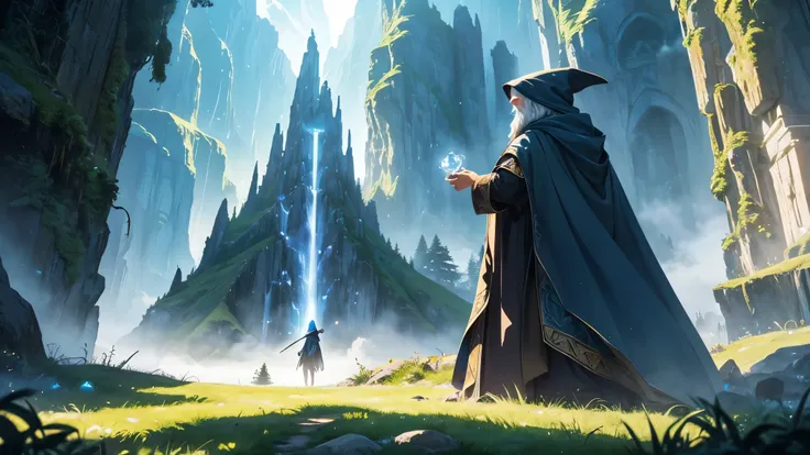 (a)Gandalf,(best quality,photo-realistic:1.37)wizard,hooded cloak,majestic beard,strong staff

(mountain)Magic mountain,towering peaks,mystical aura,enchanted landscape,imposing cliffs,snow-capped summits

(magic)Powerful spells,glowing runes,cascading wat...