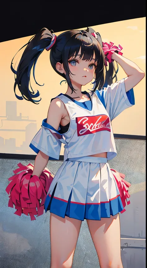 (short cute girl，small young student，young delicate girl）,（masterpiece，Top quality)，Cheerleader，short sleeve，Long twin tails with black hair，sleepy