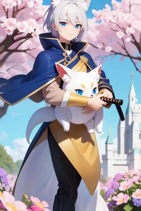 ((ultra detailed)) a boy with white hair, white fox ears and tail, blue eyes with a ((brown cape ))that covers his entire body, except his head, ((he carries a black katana with flowers)), shy smile, castle background made with precious gems