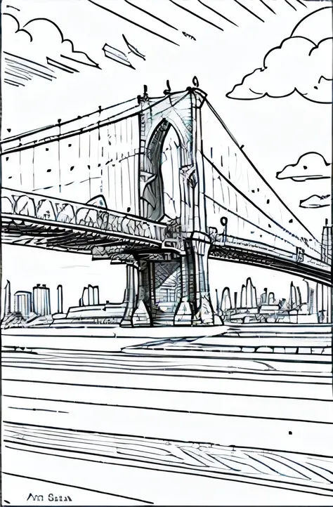 coloring pages for kids, Brooklyn bridge, cartoon style, no shadows, Color Field painting, best quality