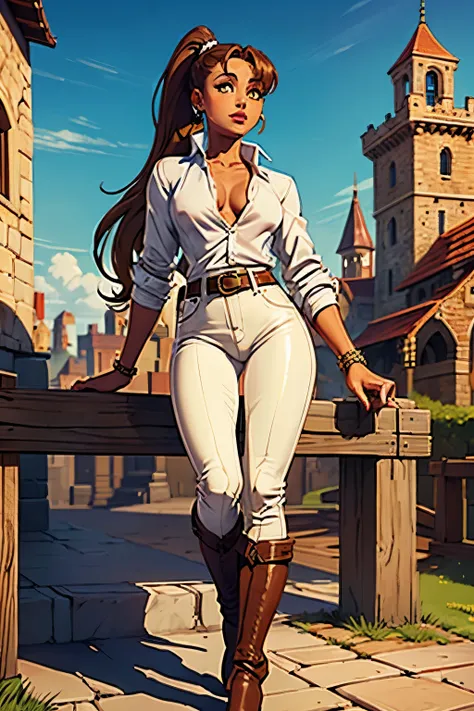 One girl, Ariana Grande, yellow_eyes, long_brown_ponytail, dark_skin, white buttoned shirt, brown leather pants, high boots, leather belt, fantasy world, outside, medieval,