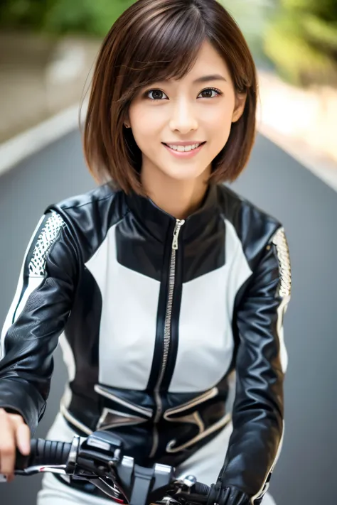 ((highest quality, 8K, masterpiece: 1.3)), sharp: 1.2, Skinny Japanese woman, 30 years old, perfect body beauty: 1.4, Cute face, Light brown shorthair, (((woman riding a motorcycle))), slender body, Riding Suit, Highly detailed face and skin texture, fine ...