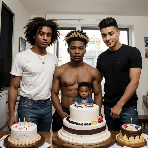 3 boys, one of them being black, 24 years old and with afro-cut hair, the other being brown, 18 years old with black hair and the third being Galician, 14 years old, together with his mother celebrating his birthday, all of them done in cartoon style