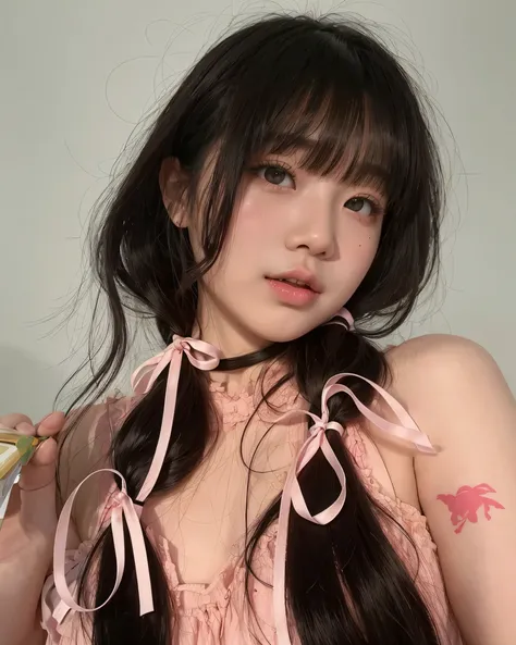 there is a woman with long hair and a pink dress, ulzzang, shikamimi, sakimichan, young cute wan asian face, korean girl, xintong chen, chiho, xision wu, sha xi, wan adorable korean face, yanjun chengt, with bangs, lalisa manobal, chengyou liu, asian featu...