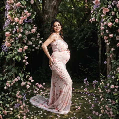 pregnant woman in pink gown standing in front of floral arch, full body photoshoot, full body portrait shot, full body photograph, wearing pink floral gown, full body pose, full body wide shot, soft elegant gown, maternal photography 4 k, full length portr...