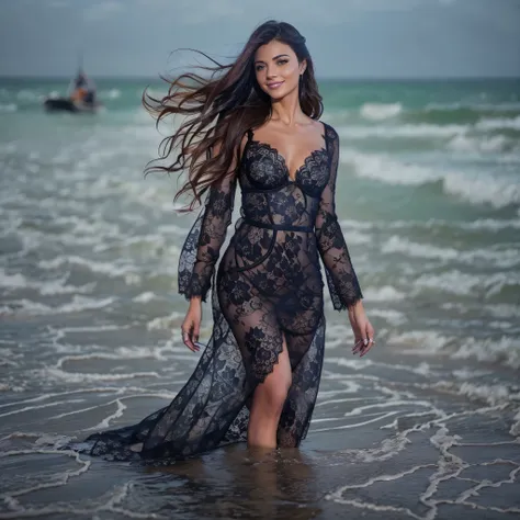 woman walking along the seaside, in shallow water, see-through, lace, sexy, lingerie, black lace, dress, long hair, smile, playf...