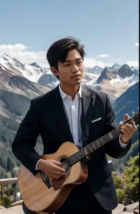 late-20s tech-savvy asian male wearing professional attire playing guitar in the mountains