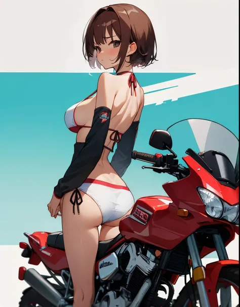 nsfw,(((masterpiece))), 1 girl, alone, looking at the viewer, short hair, brown hair, long sleeve, cleavage, closed mouth, clavicle, Pachinko Bikini, ground vehicle, play sports often, bicycle,(sexual fluid overflowing)、(angle from behind:1.5)、bicycleにまたがっ...