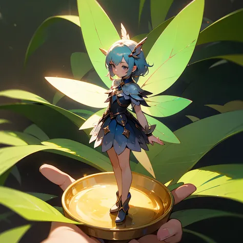 Small fairy girl standing in the palm of a human girl’s hand.