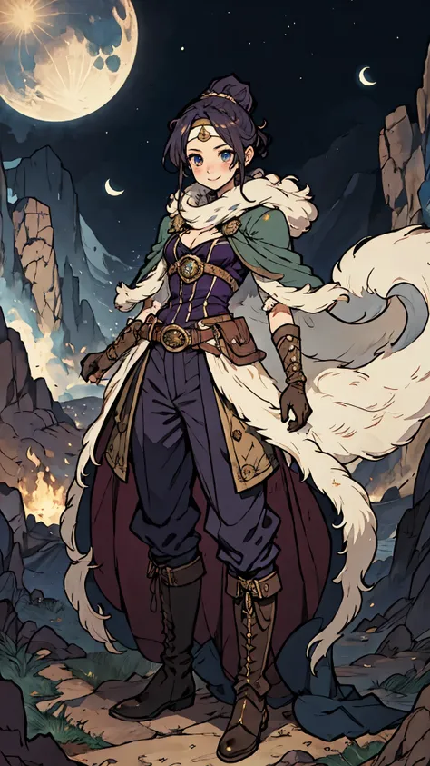 A girl with long indigo hair, a high ponytail, a headband adorned with crescent moon decorations, bright round eyes, a cheerful smile, a curious expression, a fantasy-style adventurers coat with a short hem, houlder extensions forming a cape cloak, fabric ...