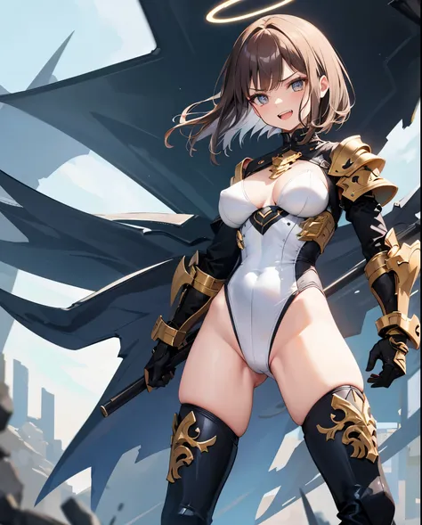 fantasy, 1angel_girl,(young_teen:1.5), ,brown_hair, medium_bob_hair, long_bangs, halo,bare_shoulder,thighhighs,silver_armor, waist_armor, large_breasts,angry,grinning,open_mouth_teeth, 1pair_wings, dynamic_pose_fighting,floating, bare_crotch, headgear,gaun...