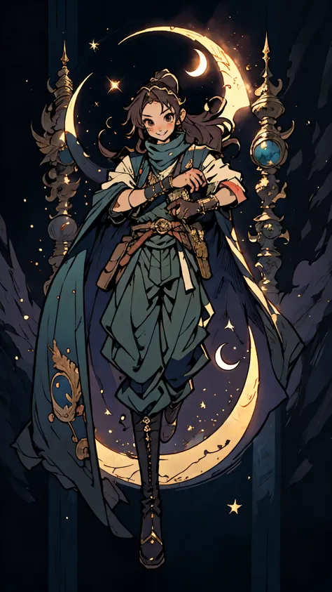 ((A girl with long indigo hair, a high ponytail, a headband adorned with crescent moon decorations, bright round eyes, a cheerful smile, a curious expression, a fantasy-style adventurers coat with a short hem, houlder extensions forming a cape cloak, fabri...