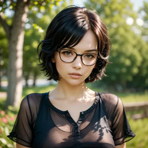 punk girl wearing glasses and a dark shirt, blurred green grass and trees in the background, short brown hair, detailed face, hi...