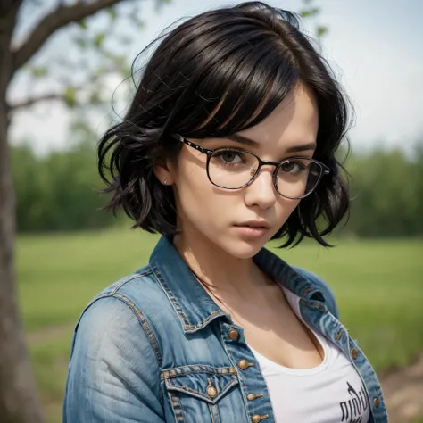 punk girl wearing glasses and a dark shirt, blurred green grass and trees in the background, short brown hair, detailed face, hi...