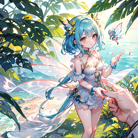 small fairy girl standing in the palm of a human girl’s hand. small pretty wings on fairy.