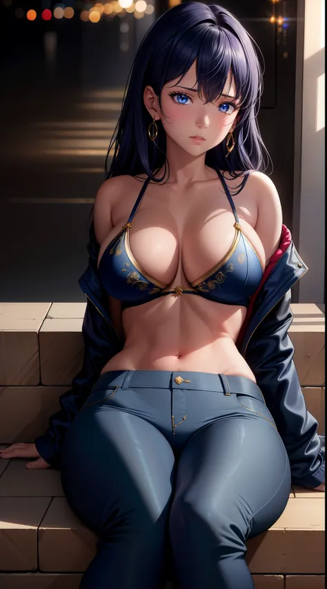 (best quality:1.5, highres, UHD, 4K, detailed lighting, shaders), best quality eyes, perfect hands, perfect finger, blue floral haired, gradient hair, big breasts, blue bra, big thighs,  big butt, blue jacket,  blue long pants, mature woman , (pov), black ...