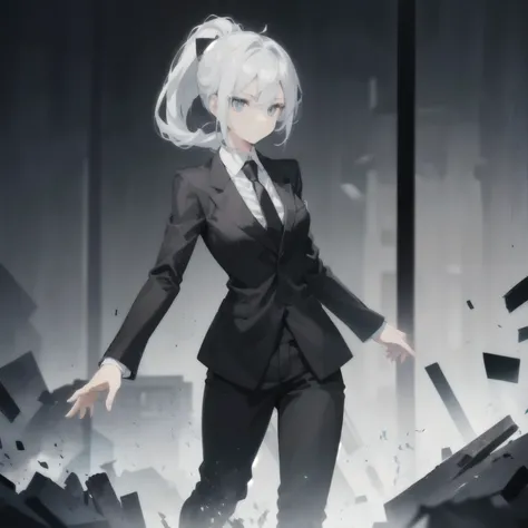 black business suit. black pants. black shirt. black tie. blue eyes. white ponytail. Her hairstyle is a ponytail. Gray hair. Her hair color is white. Gray hair. girl. human. One person. One girl.