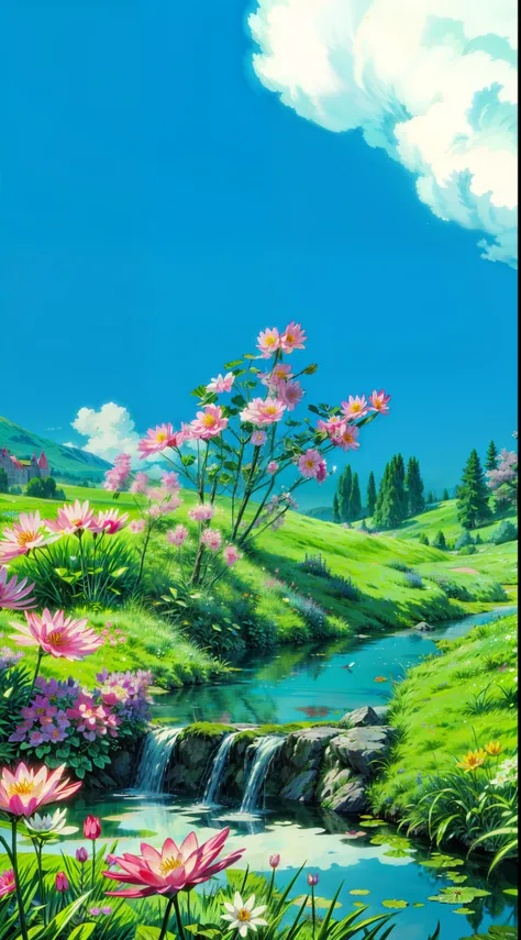 a small stream running through a lush green field, background of flowery hill, meadow background, anime scenery, anime beautiful peace scene, beautiful anime scenery, flowerfield, an aesthetic field of flowers, screenshot from a 2012s anime, grass and flow...