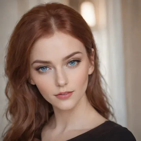 arafed frau voll , Sexy girl with blue eyes, ultra realistisch, Akribisch detailliert, portrait sophie mudd, red hair and large eyes, Selfie einer jungen Frau, Augen im Schlafzimmer, Violet Myers, ohne Make-up, Natural makeup, Blick direkt in die Kamera, G...