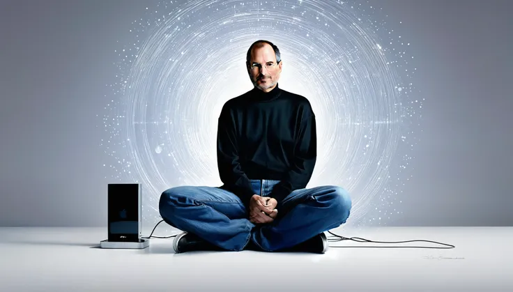 A digitally rendered portrait of Steve Jobs, capturing the essence of his visionary nature. He is seen wearing his iconic black turtleneck and blue jeans, seated on a minimalistic platform. Behind him, a timeline of Apples evolution unfolds, with various d...