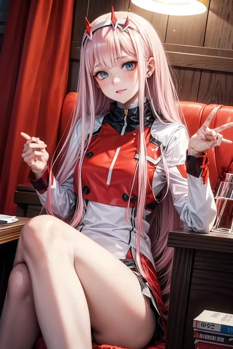 realisitic、top-quality、zero two ,b darling in the franxx, 1 girl、sixteen years old、colorful hair color、piercings、embarassed face...