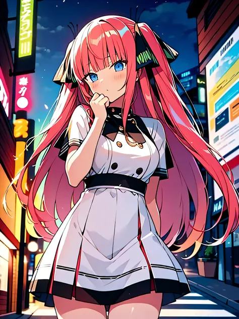 All intricate details: "(masterpiece, best quality, HuTaoV4, 1girl, solo, blush, twintails, long hair, hair between eyes, ((streetwear clothes)), city, outdoors, night, movie poster, extremely detailed 8K, fir breats, medium breasts, smooth, high resolutio...