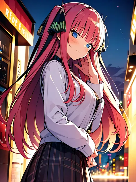 All intricate details: "(masterpiece, best quality, HuTaoV4, 1girl, solo, blush, twintails, long hair, hair between eyes, ((streetwear clothes)), city, outdoors, night, movie poster, extremely detailed 8K, fir breats, medium breasts, smooth, high resolutio...