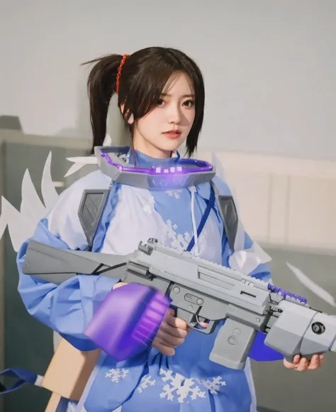 arafed female in a blue outfit holding a gun m249 white and a snowflake, as a character in tekken, makoto shinkai ( apex legends ), katana zero video game character, inspired by Leng Mei, inspired by Li Mei-shu, yun ling, game cg, holding a pair of fans. u...