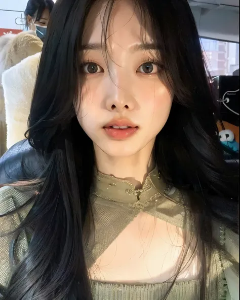 um close up de uma mulher com longos cabelos pretos e uma camisola, cruel korean goth girl,  coreana, adorable and pale korean f...