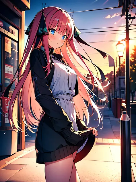 All intricate details: "(masterpiece, best quality, HuTaoV4, 1girl, solo, blush, twintails, long hair, hair between eyes, ((streetwear clothes)), city, outdoors, night, movie poster, extremely detailed 8K, fir breats, medium breasts, smooth, high resolutio...