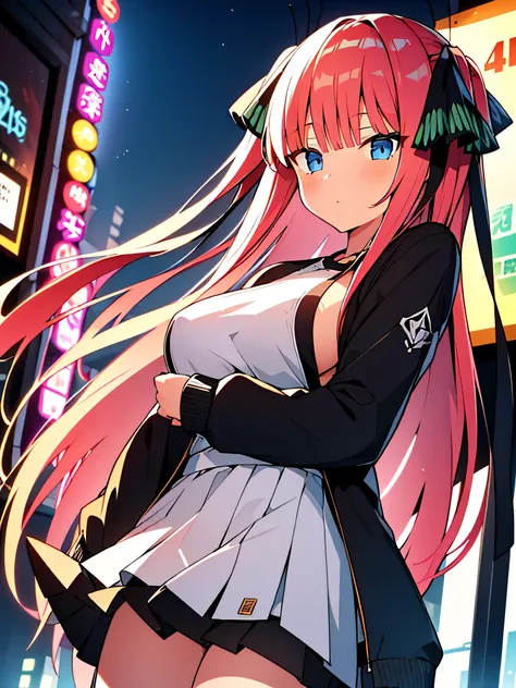 All intricate details: "(masterpiece, best quality, HuTaoV4, 1girl, solo, blush, twintails, long hair, hair between eyes, ((streetwear clothes)), city, outdoors, night, movie poster, extremely detailed 8K, fir breats, medium breasts, smooth, high resolutio...