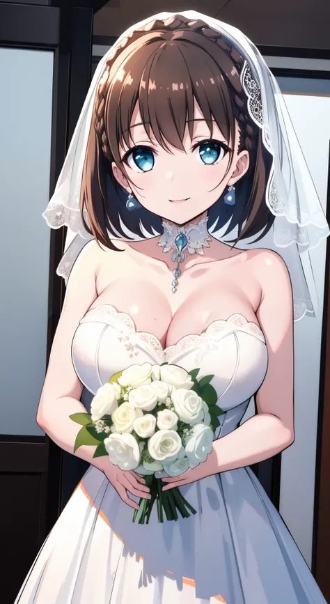 masterpiece, highest quality, very detailed, ultra high resolution, Ai-chan, big breasts, 1 girl, alone, blue eyes, short brown hair, Braid, glossy lips, clavicle, Wedding dress、have a bouquet, elbow bag、smile、veil