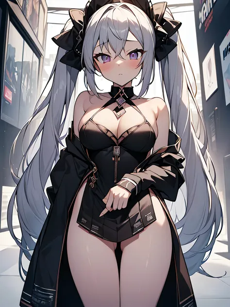 All intricate details: "(masterpiece, best quality, HuTaoV4, 1girl, solo, blush, twintails, long hair, hair between eyes, ((streetwear clothes)), city, outdoors, night, movie poster, extremely detailed 8K, fir breats, medium breasts, smooth, high resolutio...