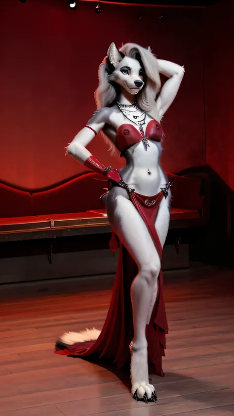 loona, hellhound, furry demon wolf, sexy navel, sexy skinny body, demon bellydancer, red dress, red shirt, red gloves, jewelry, ...