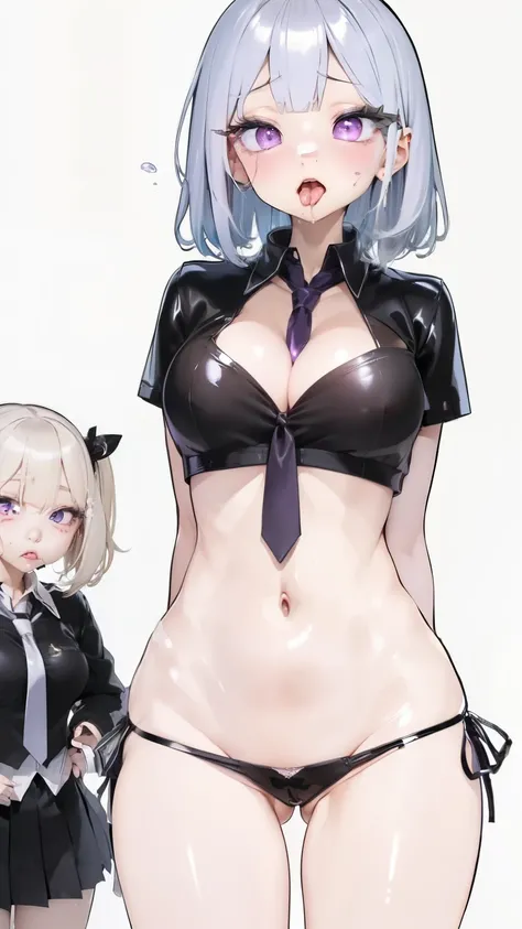 (3 girls:1.8)、standing with legs apart、 1 cute girl, highest quality、ウルトラ - High resolution、High resolution、Detailed CG、8k unit wallpaper、20-year-old、beautiful and detailed eyes,platinum blonde hair、random hairstyle、(((black and purple super shiny latex pa...