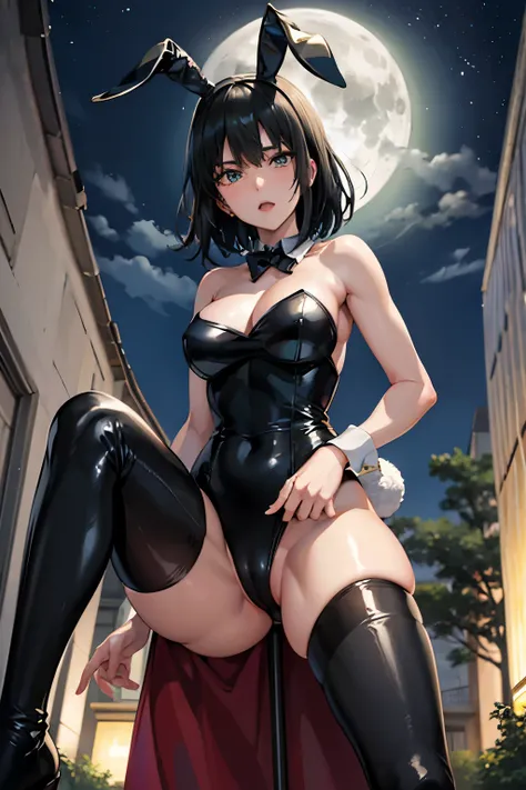 Fubuki, Bunny girl,pantyhose、Photo from below、full moon、medium chest、thigh high boots、spread legs、rabbit ears