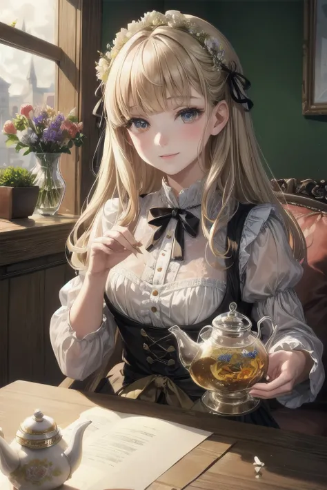 (best quality:1.2), masterpiece,Ultra High Resolution,1 girl is drinking herbal tea, light beige hair, straight hair,blunt bangs,ultra-detailed face,detailed eyes,Lace-up blouse,dirndl skirt,smile,((Flowers floating in a transparent teapot, on the table)),...