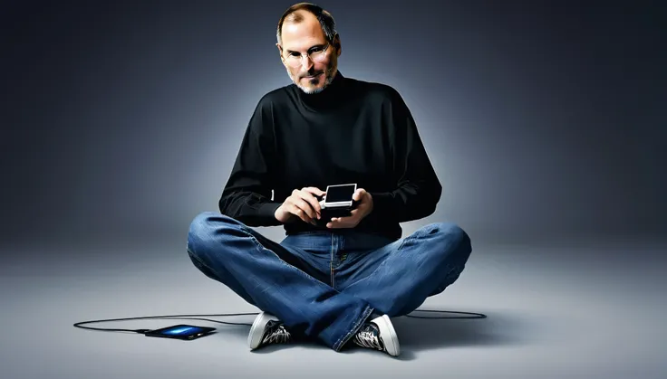 A digitally rendered portrait of Steve Jobs, capturing the essence of his visionary nature. He is seen wearing his iconic black turtleneck and blue jeans, seated on a minimalistic platform. Behind him, a timeline of Apples evolution unfolds, with various d...